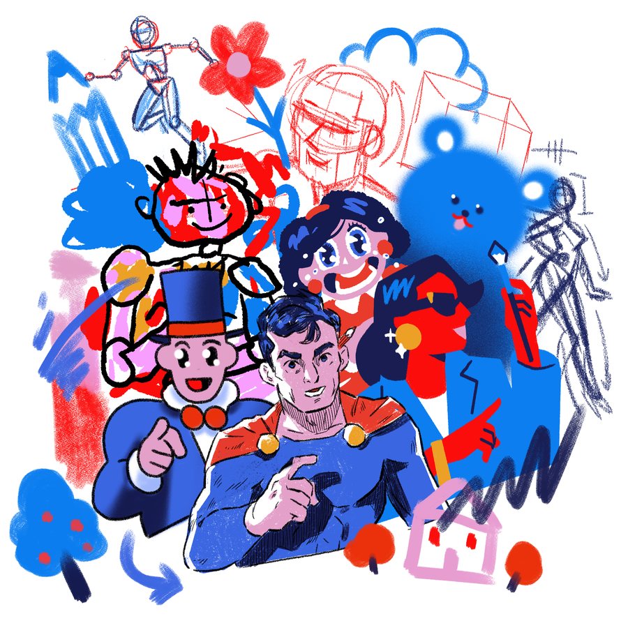 Illustration de Kim Roselier : personnages de tous les styles — croquis, manga, super-héros, dessins d'enfants — mélangés sur une même feuille